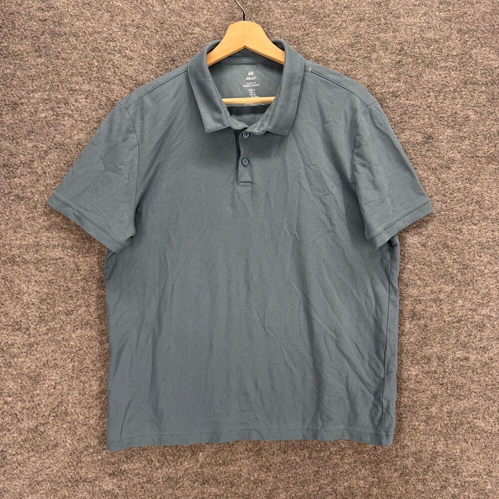 H&M Polo Shirt Men L Large Gray Button Up Collared Short Sleeve Slim Fit Cotton